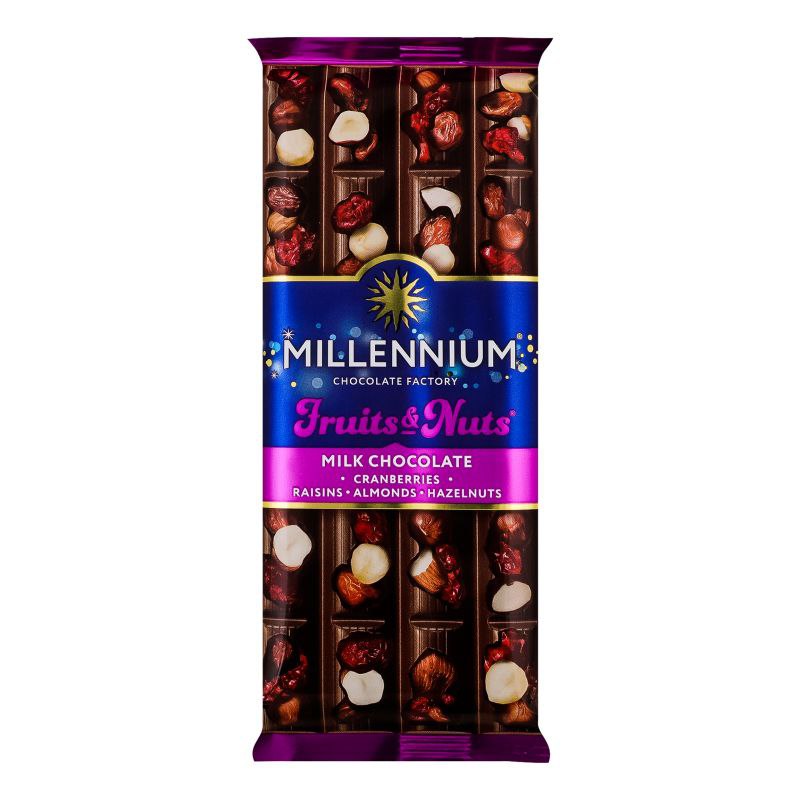 Шоколад Millennium Fruits&Nuts молочний мигдаль, лісовий горіх, журавлина, родзинки 90г